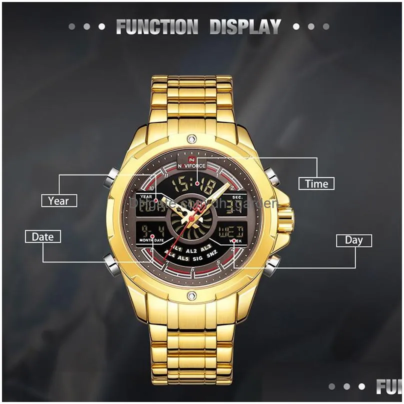 Wristwatches Luxury Mens Gold Watches Digital Chronograph Military Sport Quartz Wristwatch Stainless Steel Waterproof Drop De Dhgarden Otuoc