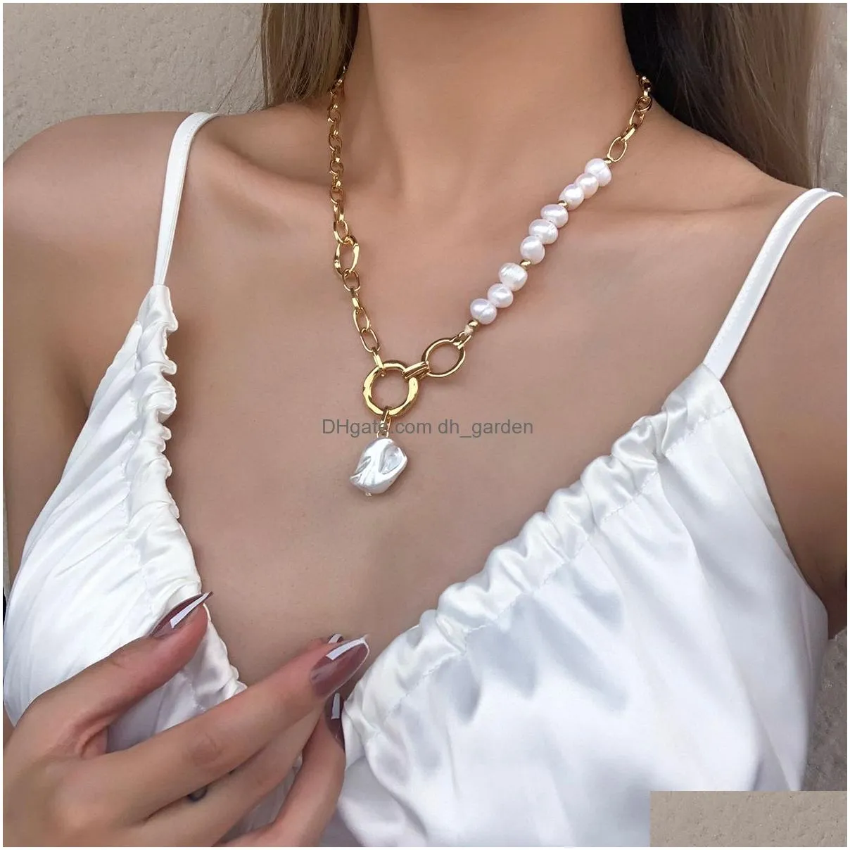Pendant Necklaces Flashbuy Irregar Natural Freshwater Pearl Pendant Necklaces For Women Chunky Chain Circles Baroque Necklac Dhgarden Otnj2