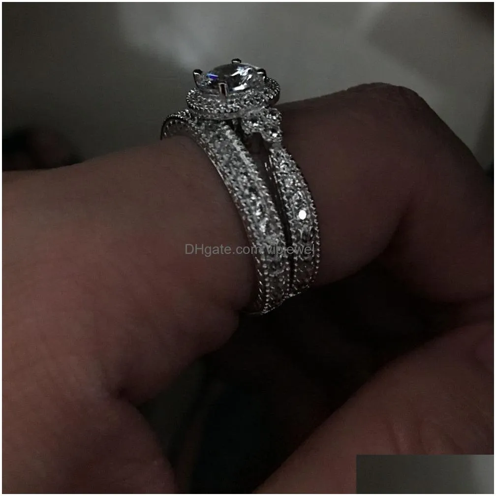 brand vintage jewelry women men ring 2ct 5a zircon cz 925 sterling silver female engagement wedding band ring set203m