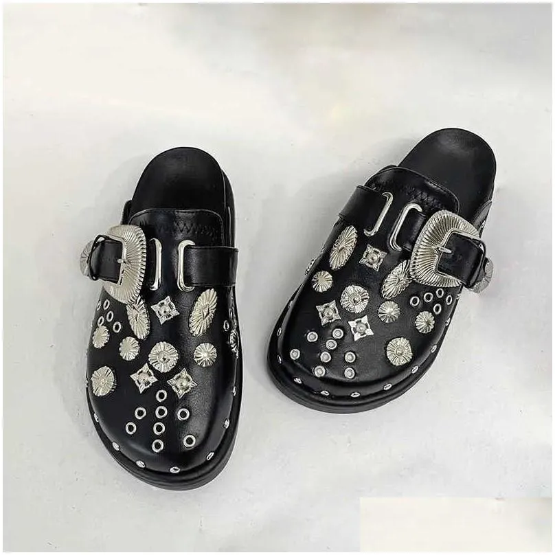 slippers summer women slippers platform punk rock leather mules creative metal fittings casual party shoes female outdoor slides