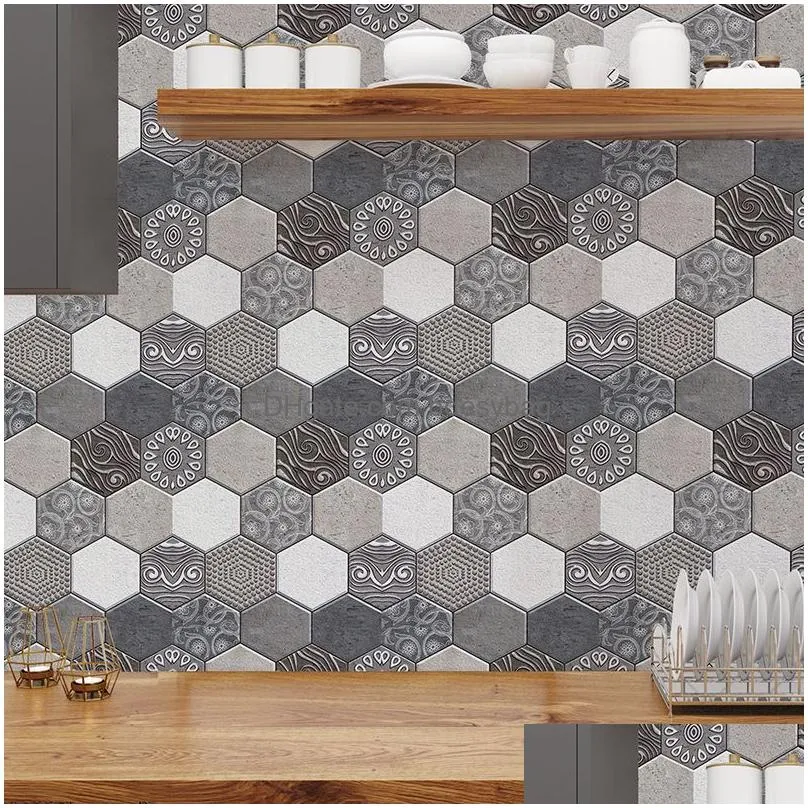 Tile Stickers Geometric Hexagon Tile Stickers For Bathroom Kitchen Wallpaper Waterproof Self-Adhesive Diy Wall Sticker Home Decor Deca Dh30P