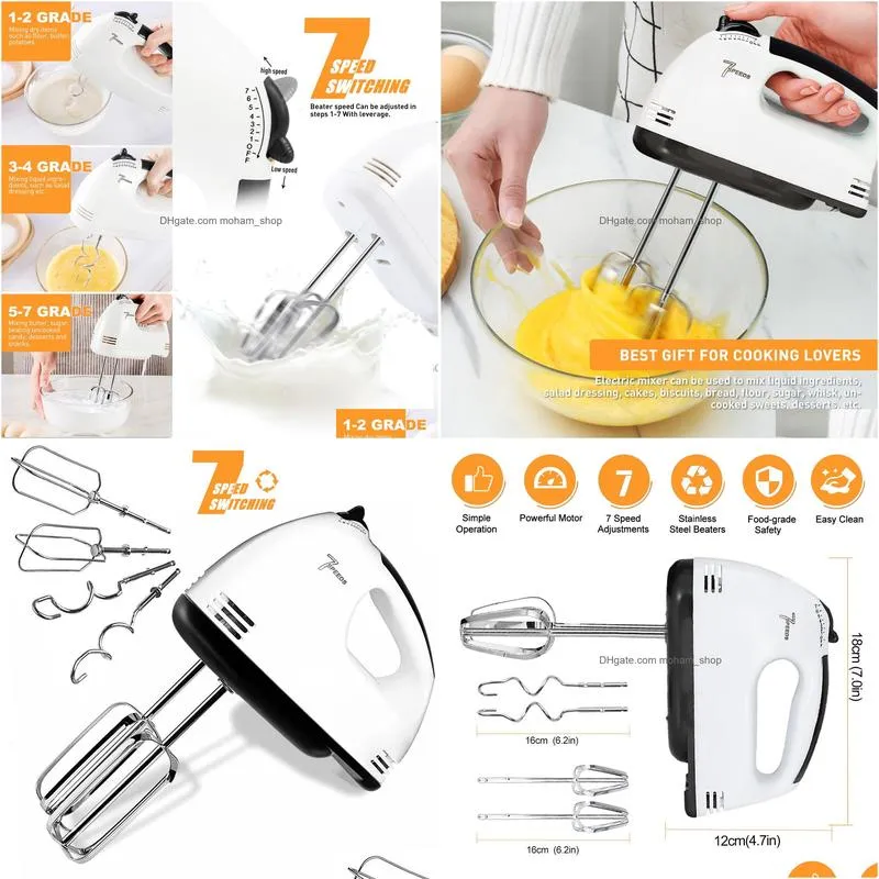 egg tools electric hand mixer 7 speed stainless steel eggwhisk includes 2 beaters dough hooks robust easyclean 230804