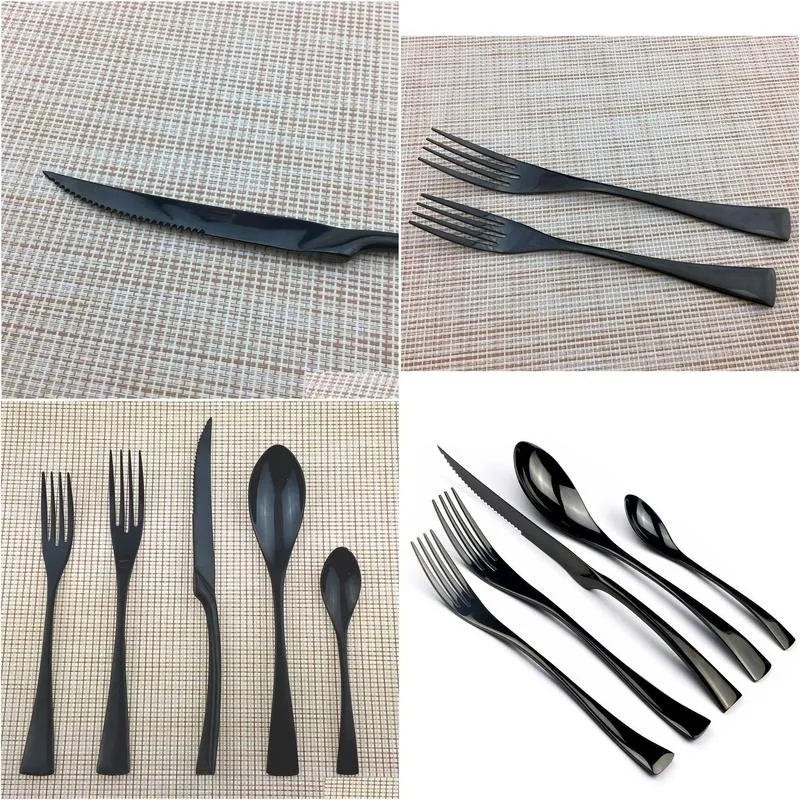 JASHII 5Pcs Black Stainless Steel Dinnerware Plate Silverware Dinner Steak Knives Dessert Forks Teaspoon Tableware Cutlery Set T200430