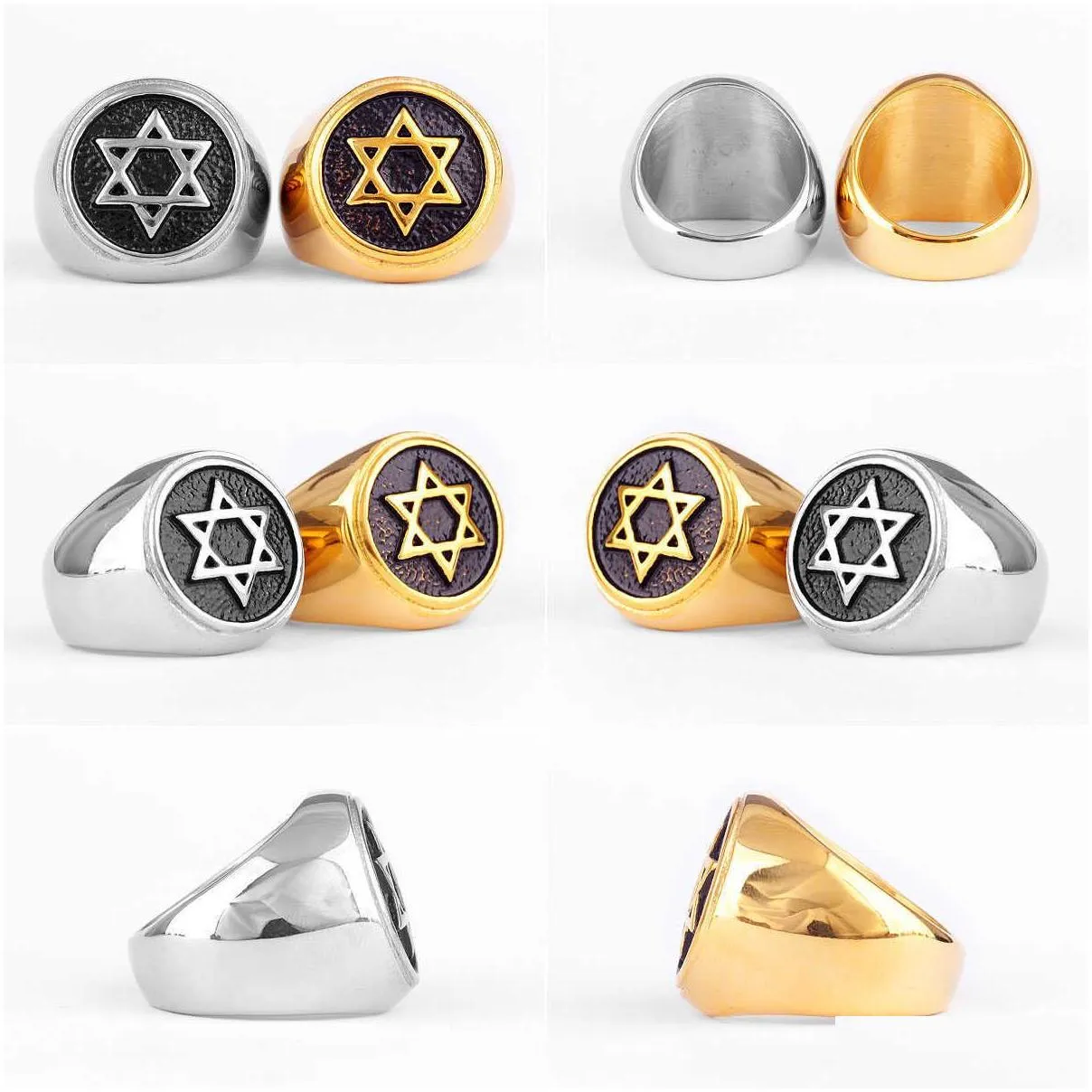 Wedding Rings Judaism Hexagram Star Of David Stainless Steel Mens Rings Punk Hip Hop For Male Boy Biker Jewelry Creativity Gift Whole Otcs1