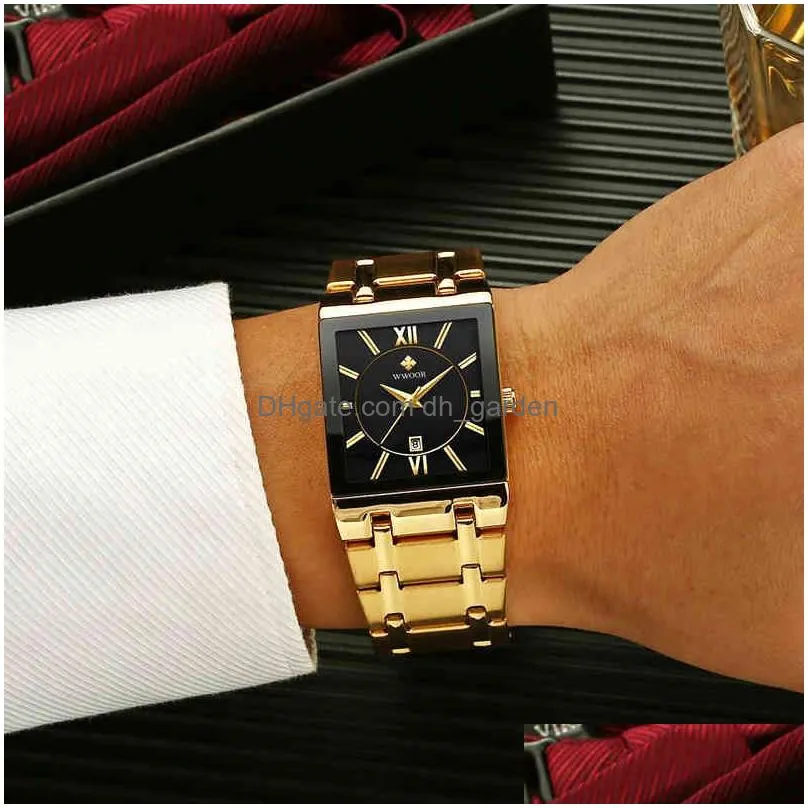 Wristwatches Wwoor Mens Square Quartz Wrist Watches Luxury Gold Black Watch Stainless Steel Waterproof Matic Date Clock Relo Dhgarden Otub8