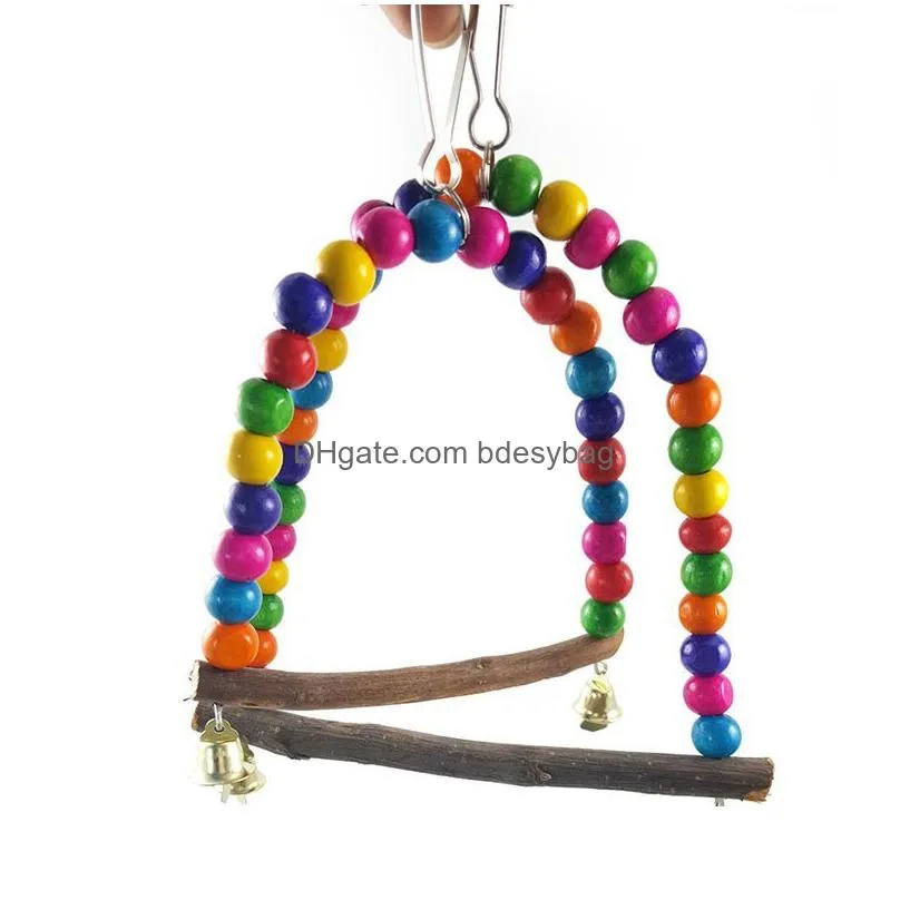 Other Bird Supplies Natural Wooden Parrot Swing Toy Birds Colorf Beads Bird Supplies Bells Toys Perch Hanging Swings Cage For Pets Dro Dh5Rx