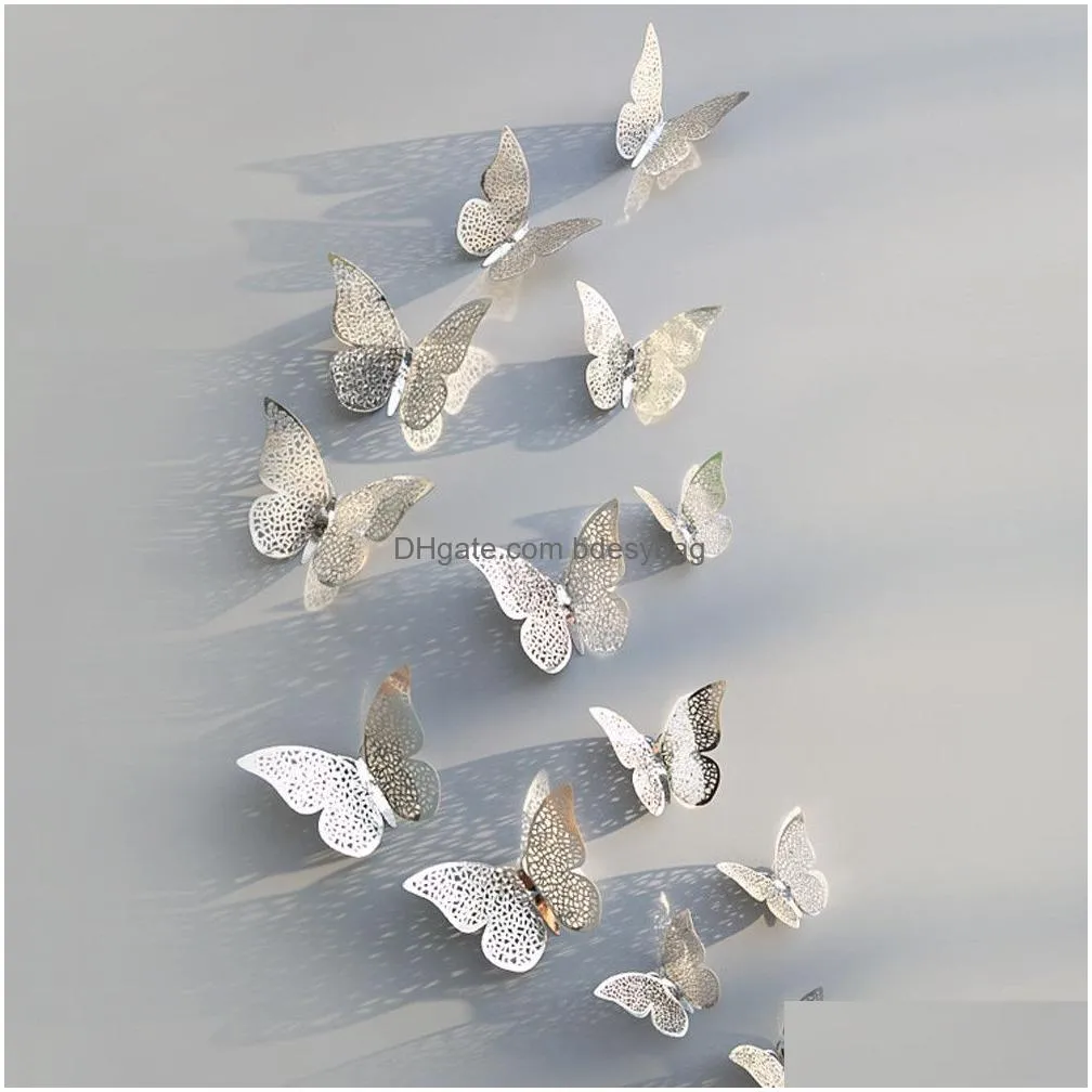 Wall Stickers Hollow 3D Butterfly Wall Sticker For Wedding Decoration Living Room Window Home Decor Gold Sier Butterflies Stickers Dro Dhuz3