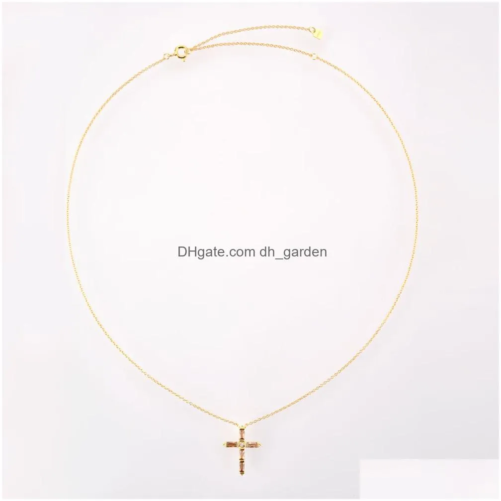 Pendant Necklaces 925 Sterling Sier Colorf Cross Pendant Necklace Long Chain Fine Jewelry Collar Corto Doris Verde Rosa Rock Dhgarden Ot7Go