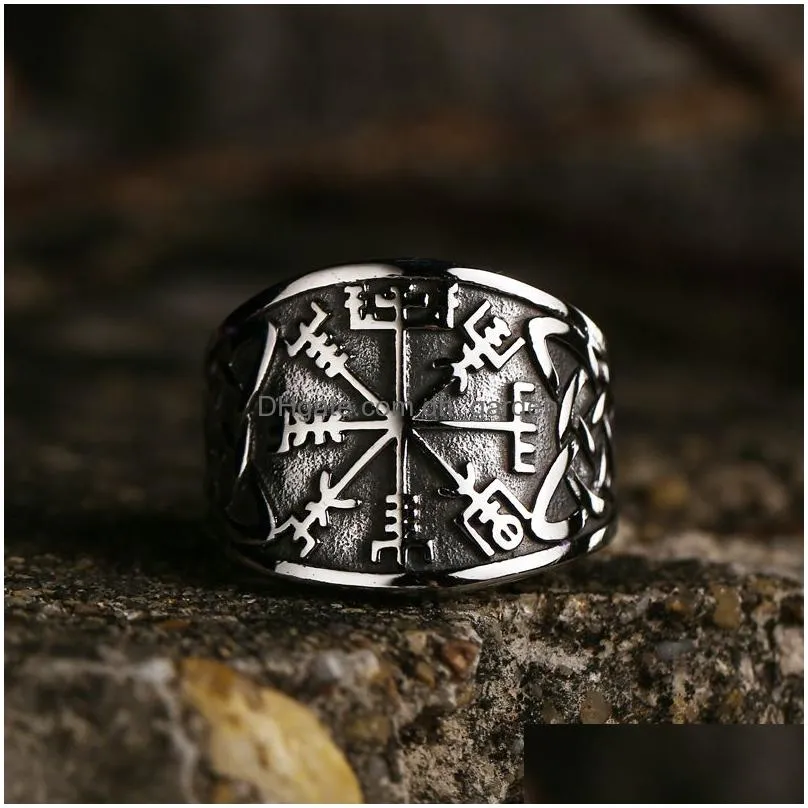 Band Rings Compass Runic Rings Men Vintage Nordic Totem Odin 3D Upgraded Fashion Jewelry Drop Delivery Jewelry Ring Dhgarden Otdbu
