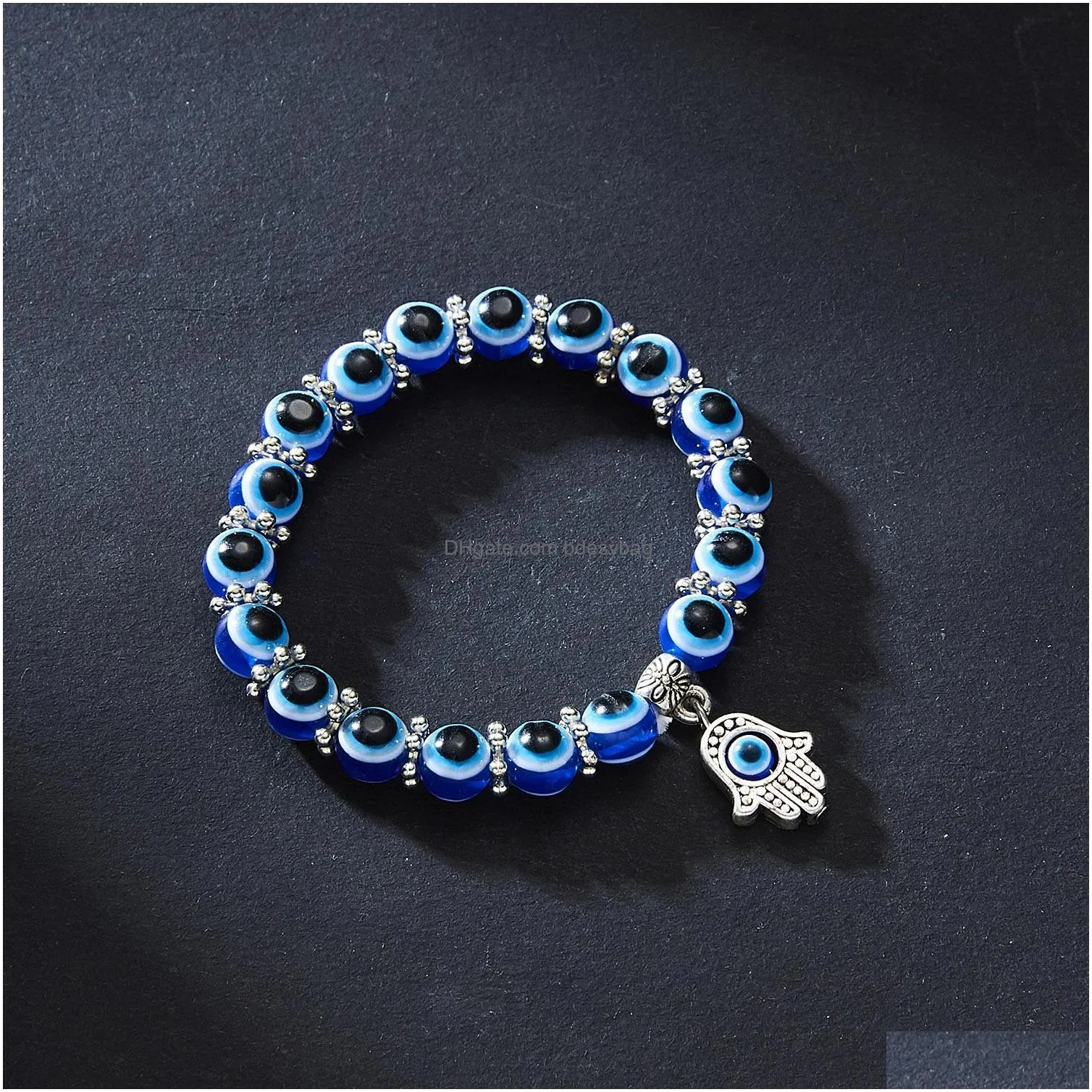 turkish blue evil eye bracelet palm charms resin round lucky bead wishing elastic cord chain bracelet ladies charm jewelry