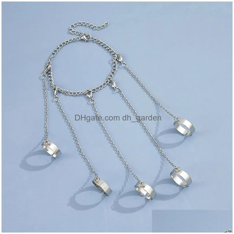 Band Rings Punk Geometric Sier Color Chain Wrist Bracelet For Women Men Ring Charm Set Couple Emo Fashion Jewelry Gifts Drop Dhgarden Otxax