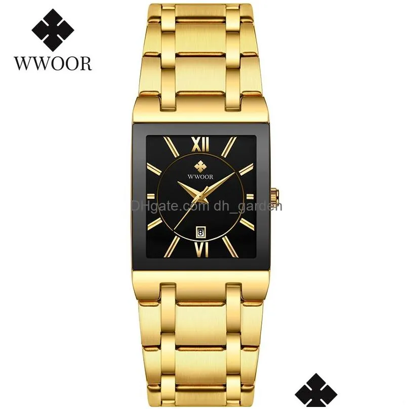 Wristwatches Wwoor Mens Square Quartz Wrist Watches Luxury Gold Black Watch Stainless Steel Waterproof Matic Date Clock Relo Dhgarden Otub8