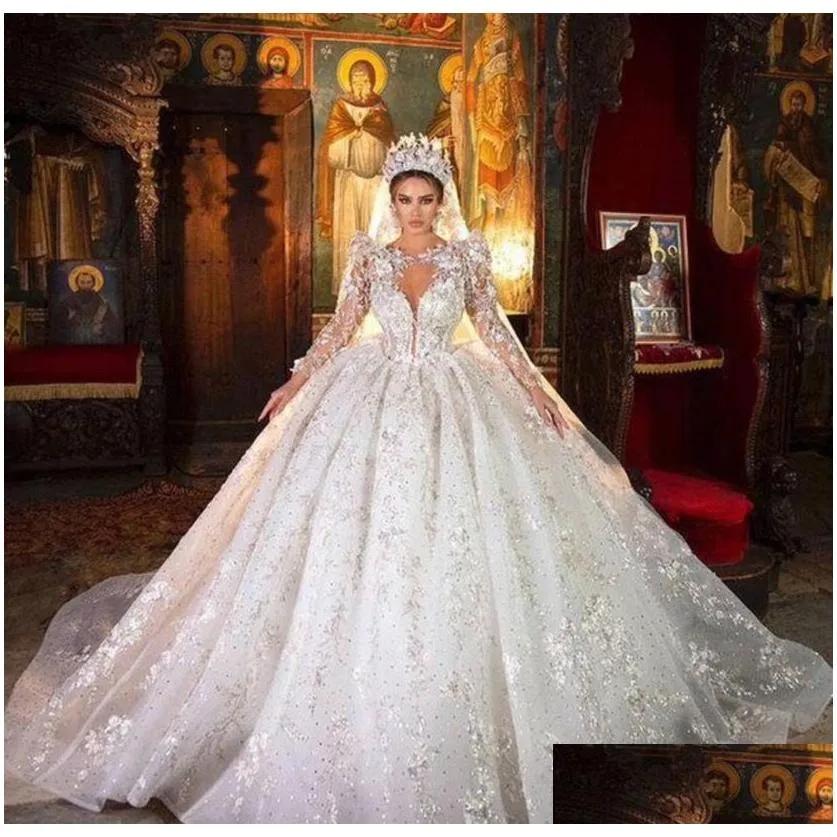 A-Line Wedding Dresses Luxury Mermaid Wedding Dress Modest Lace Tle Long Train With Cap Sleeves V Neck Buttons Back 2023 Y Bridal Gown Otmqd
