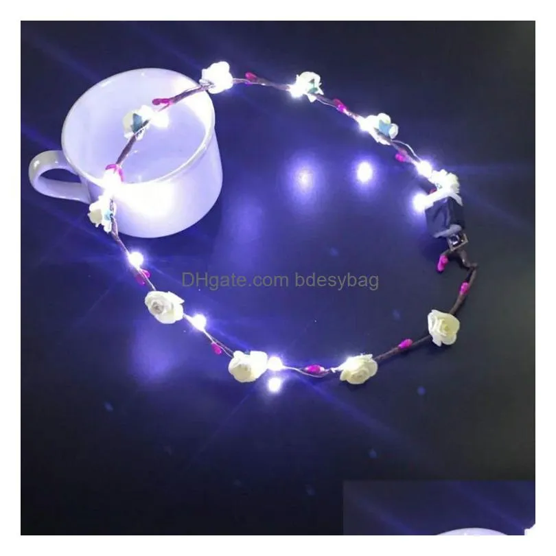 Decorative Flowers & Wreaths Wholesale Party Glowing Wreath Colourf Flower Headband Women Girls Led Light Up Hairband Garlands Drop De Dhonm