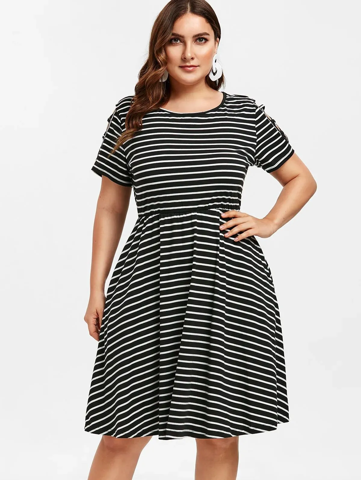 Wipalo Plus Size Striped A Line Dress Criss Cross Sleeve Elastic Waist Dress Summer Casual Work Dresses Women Dress Vestidos Y200120