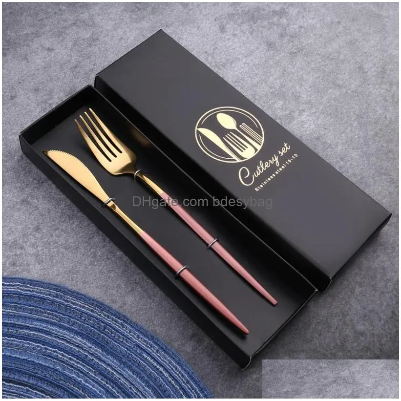 Flatware Sets Cutlery Spoons Gift Box Stainless Steel Flatware Sets Shiny Mirror Portuguese Titanium Two-Piece Set Spoon And Chopstick Dhunv