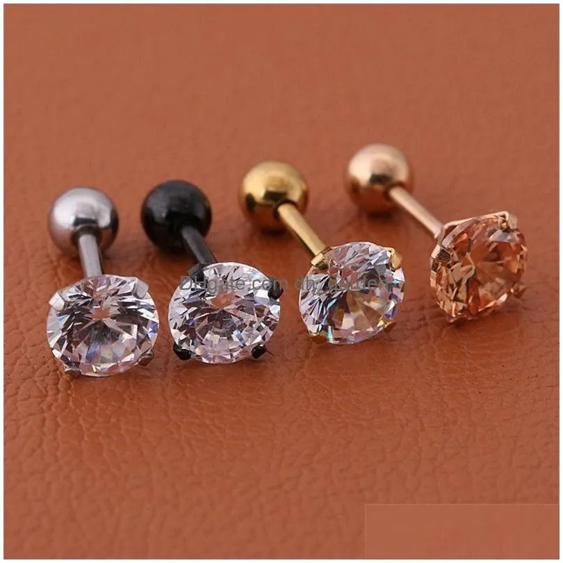 Stud 1Pc/Lot Size 6Mm 4 Colors Punk Medical Stainless Titanium Steel Needle Zircon Crystal Stud Earrings For Men Drop Delive Dhgarden Otzbz