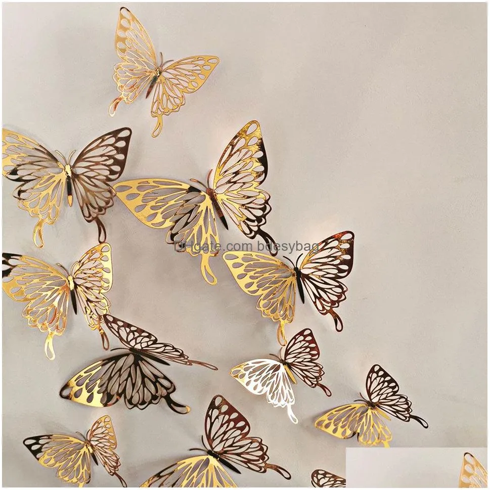 Wall Stickers Hollow 3D Butterfly Wall Sticker For Wedding Decoration Living Room Window Home Decor Gold Sier Butterflies Stickers Dro Dhuz3