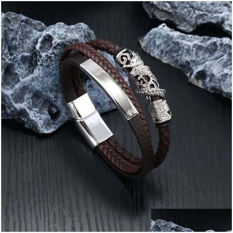 Charm Bracelets Charm Bracelets Fashion Trend Mens Bracelet Punk Style Woven Leather Rope Mti Layer Titanium Drop Delivery Jewelry Bra Otsn2