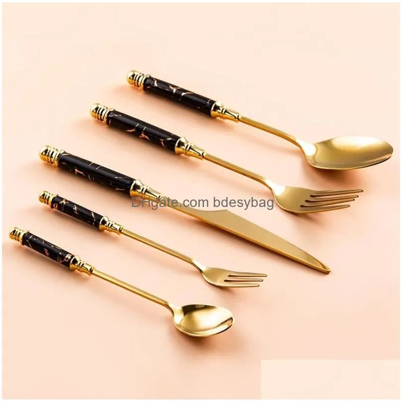 Flatware Sets Stainless Steel Gold Flatware Sets Knife Fork Spoon Set Fruit Forks Ceramic Long Handle Used For Pastry Party Snail Rest Dhv1H