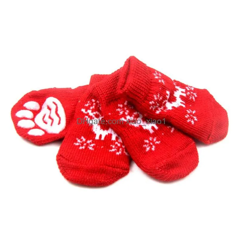 4pcs/set autumn winter pet dog apparel christmas socks anti-slip knitted small dogs shoes thick warm paw protector cute puppy cat indoor wear