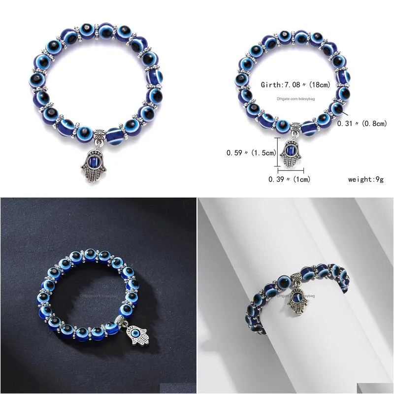 turkish blue evil eye bracelet palm charms resin round lucky bead wishing elastic cord chain bracelet ladies charm jewelry