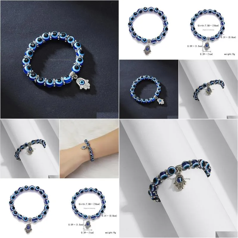 turkish blue evil eye bracelet palm charms resin round lucky bead wishing elastic cord chain bracelet ladies charm jewelry