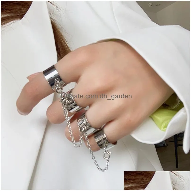 Band Rings Punk Geometric Sier Color Chain Wrist Bracelet For Women Men Ring Charm Set Couple Emo Fashion Jewelry Gifts Drop Dhgarden Otxax