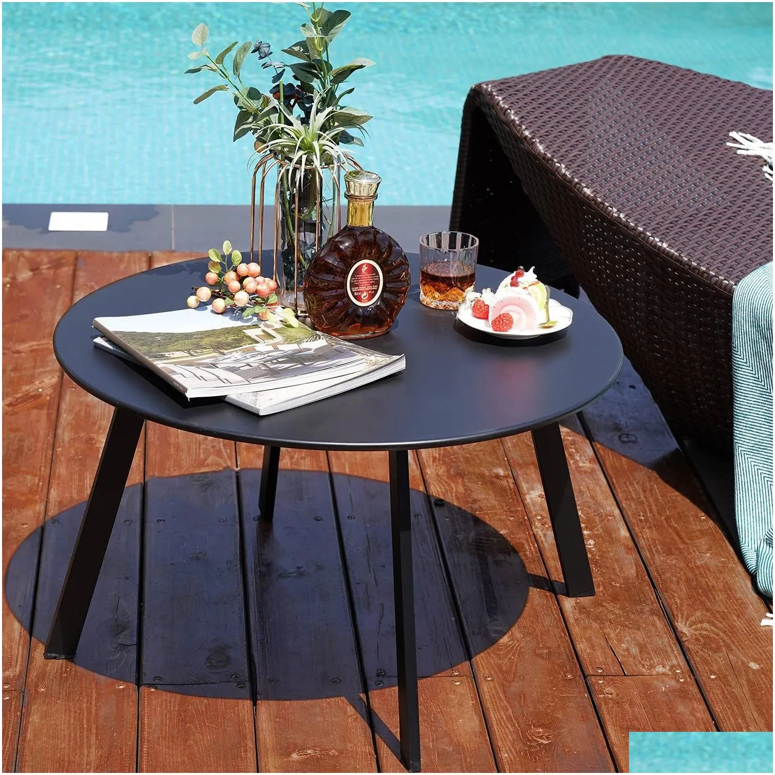 Round Coffee Table Patio Side Table,Black