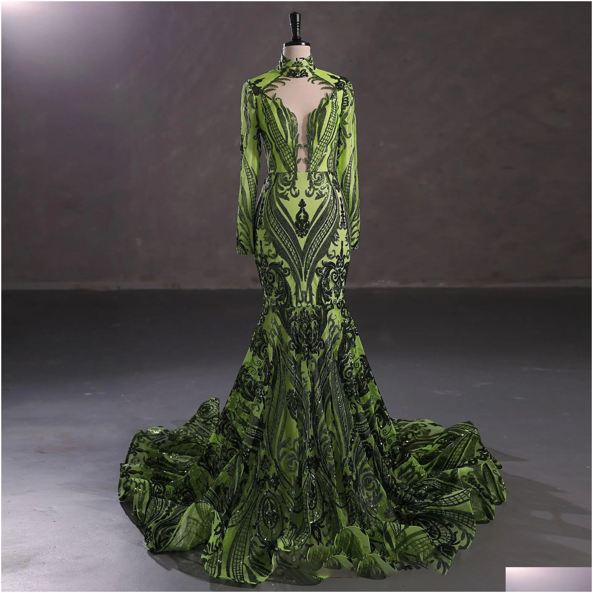 Evening Dresses 2023 Y Long Sleeve Evening Dresses Shiny Illusion Sequined Mermaid Prom Dress Custom Made Elegant Designed High Neck F Othuf