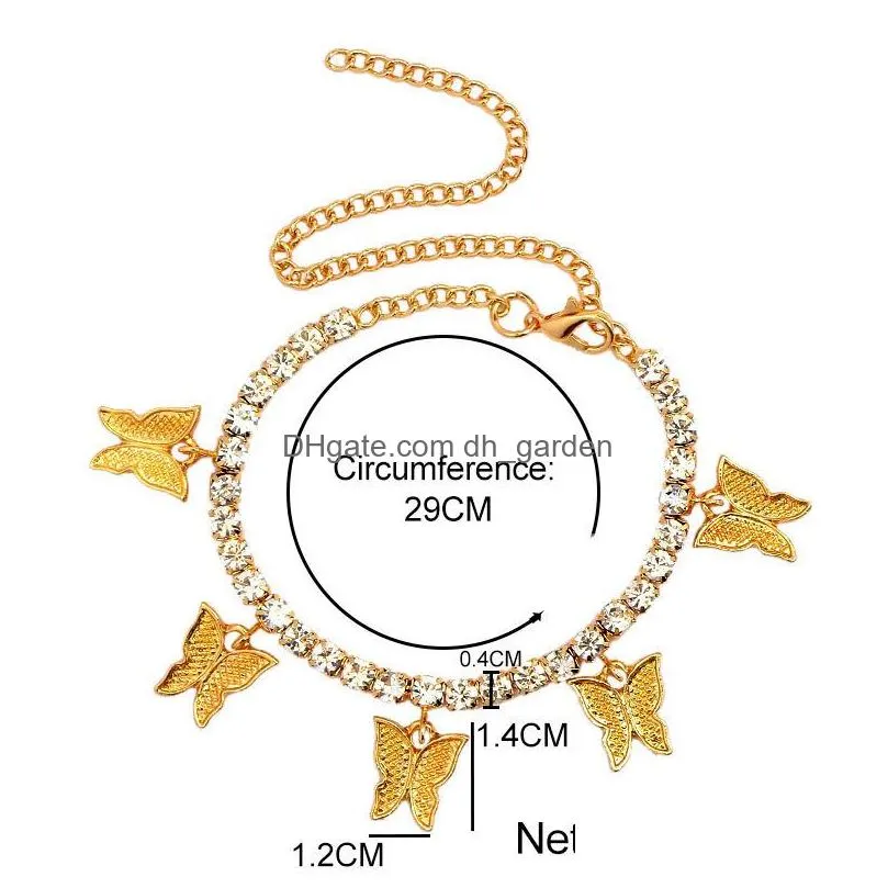 Charm Bracelets Fashion Alloy Butterfly Anklet 4Mm Rhinestone Tennis Chain Foot Iced Out Leg Link Drop Delivery Jewelry Brace Dhgarden Otrui