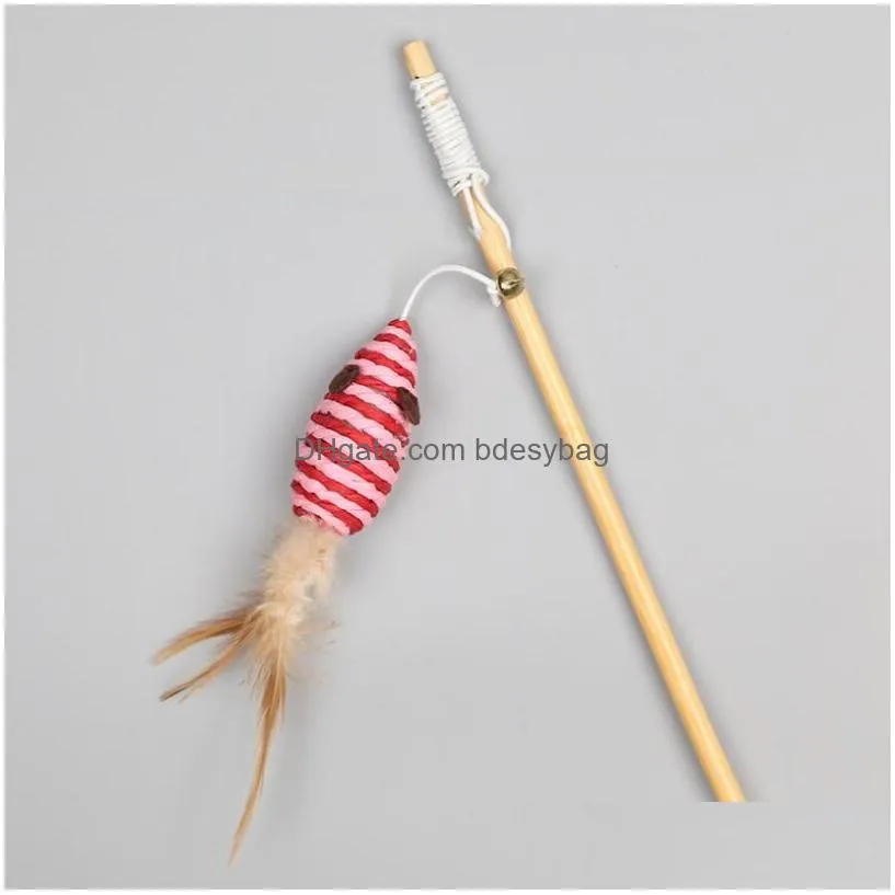 Cat Toys Cat Teaser Toys Feather Linen Wand Catcher Teasers Stick Pet Interactive Wood Rod Mouse Toy With Mini Bell 40Cm Drop Delivery Dhqdx
