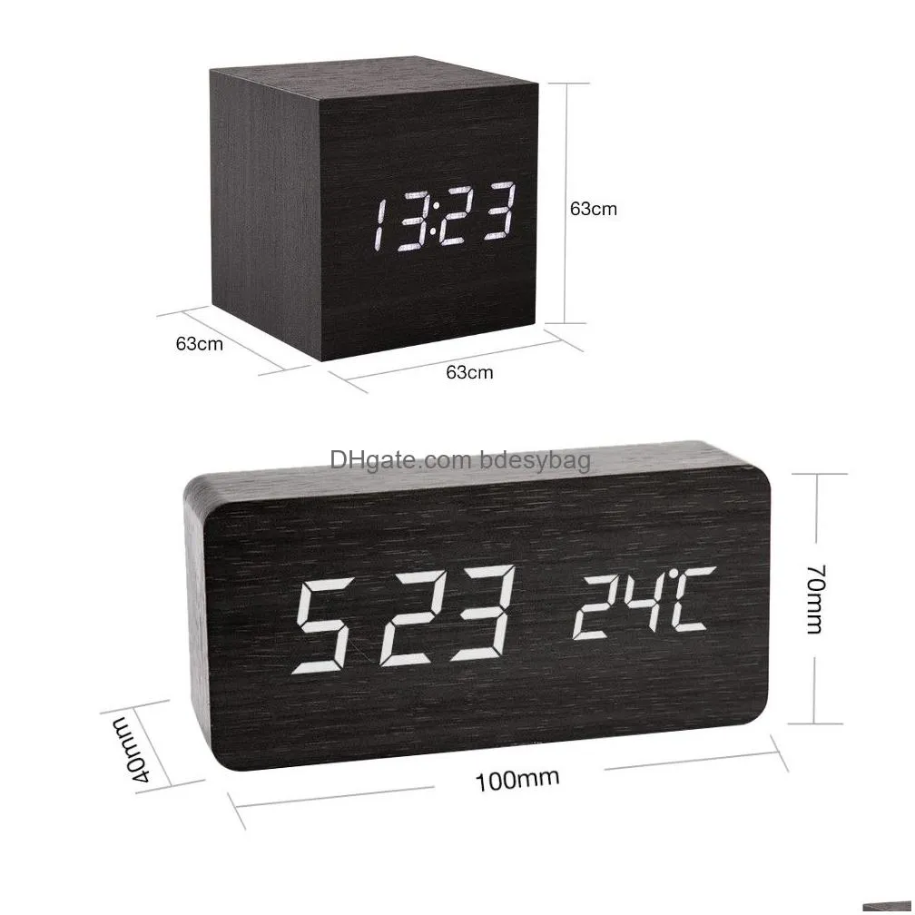 Desk & Table Clocks Square Led Wooden Alarm Clock Watch Table Voice Control Digital Wood Despertador Electronic Desktop Usb/Aaa Powere Dhnsw