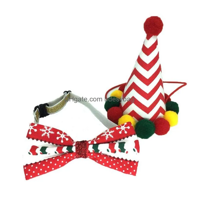 Dog Apparel Pet Dog Apparel Santa Hat Set With Cat Christmas Bow Tie 2Pcs Kitten Puppy Accessories Holiday Drop Delivery Home Garden P Dhlas