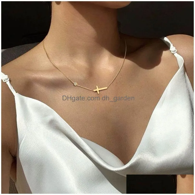Pendant Necklaces Delicate Petite Sideway Cross Necklaces Pendant Women Stainless Steel Thin Chain Link Christian Jewelry Dr Dhgarden Otf3Z