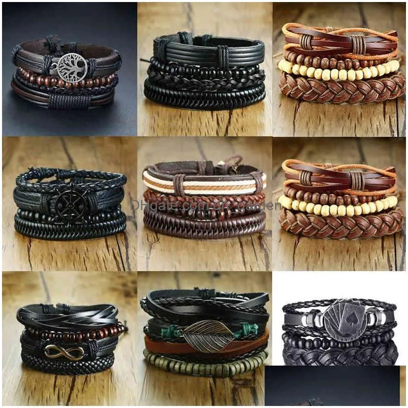 Charm Bracelets Vnox 4Pcs/ Set Braided Wrap Leather Bracelets For Men Vintage Rudder Charm Wood Beads Ethnic Tribal Wristban Dhgarden Otagx