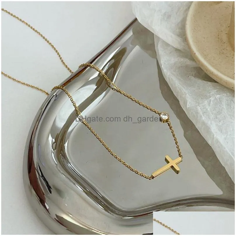 Pendant Necklaces Delicate Petite Sideway Cross Necklaces Pendant Women Stainless Steel Thin Chain Link Christian Jewelry Dr Dhgarden Otf3Z