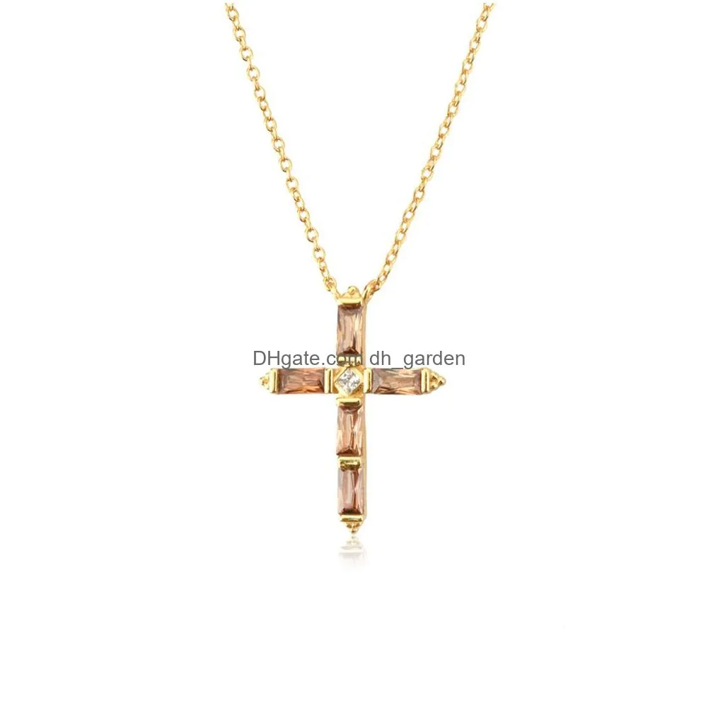 Pendant Necklaces 925 Sterling Sier Colorf Cross Pendant Necklace Long Chain Fine Jewelry Collar Corto Doris Verde Rosa Rock Dhgarden Ot7Go