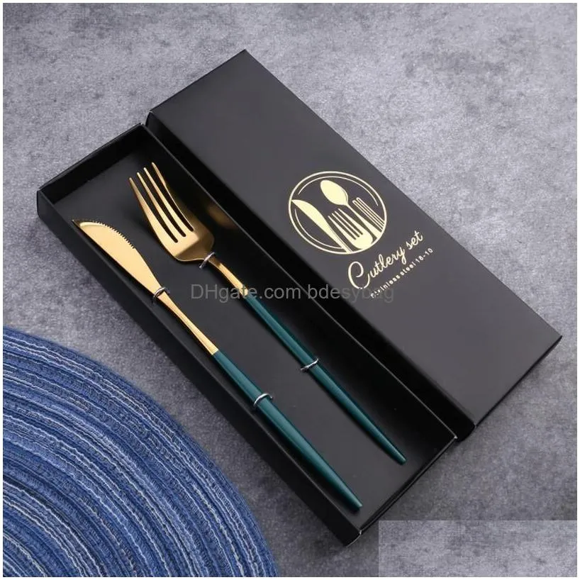 Flatware Sets Cutlery Spoons Gift Box Stainless Steel Flatware Sets Shiny Mirror Portuguese Titanium Two-Piece Set Spoon And Chopstick Dhunv