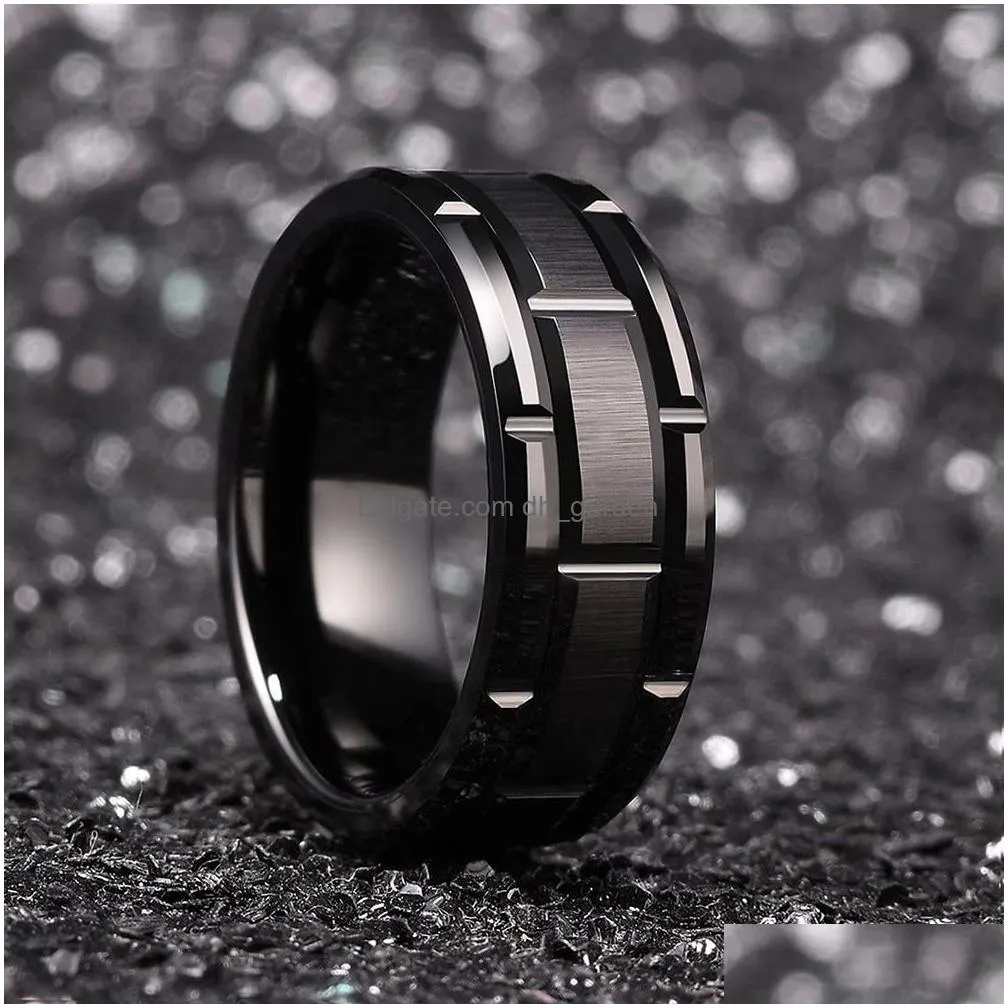 Band Rings Classic Mens 8Mm Black Wedding Rings Double Groove Beveled Edge Brick Pattern Brushed Stainless Steel For Men Dro Dhgarden Otvsj