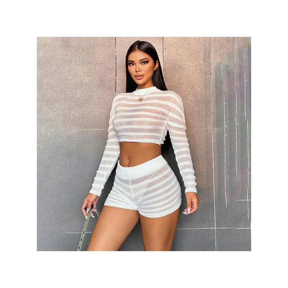 striped see through knitting cropped shorts set