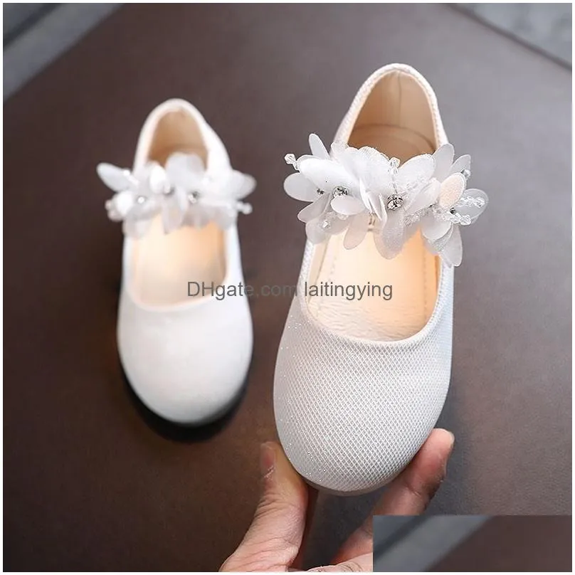sneakers kids girls pearl crystal princess shoes wedding dress non slip pu leather flat dance for children 230322