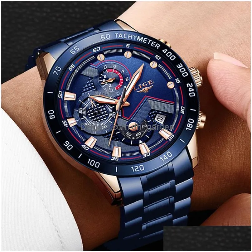 Wristwatches Lige Fashion Mens Watches With Stainless Steel Top Brand Luxury Sports Chronograph Quartz Watch Men Relo Mascin Dhgarden Otqlx