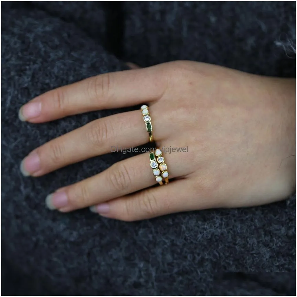 promotion gold color women finger jewelry us size 5 6 7 8 bezel set round white fire opal stone rings2704