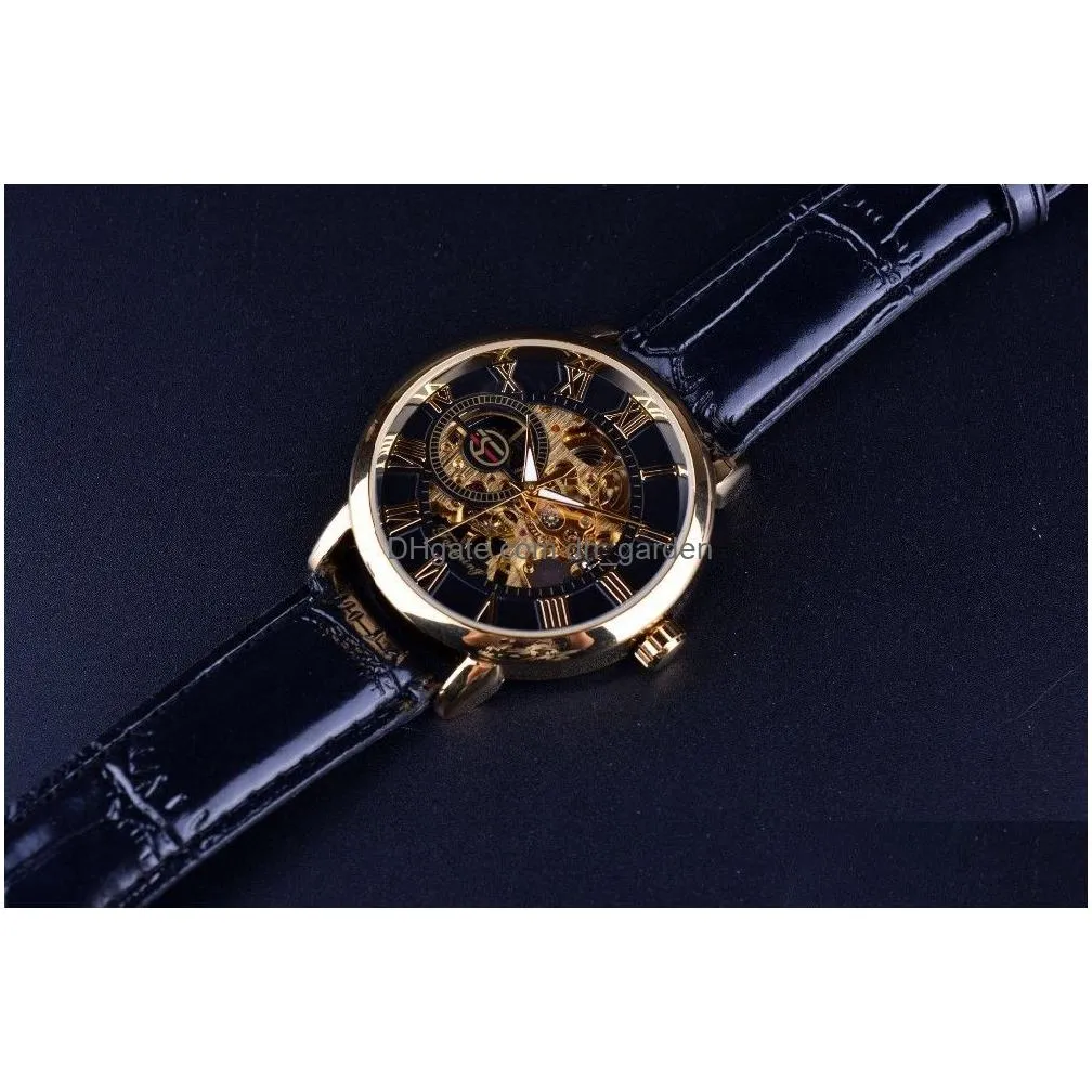 Wristwatches Forsining 3D Design Hollow Engraving Black Gold Case Leather Skeleton Mechanical Watches Men Luxury Brand Heren Dhgarden Otn2N