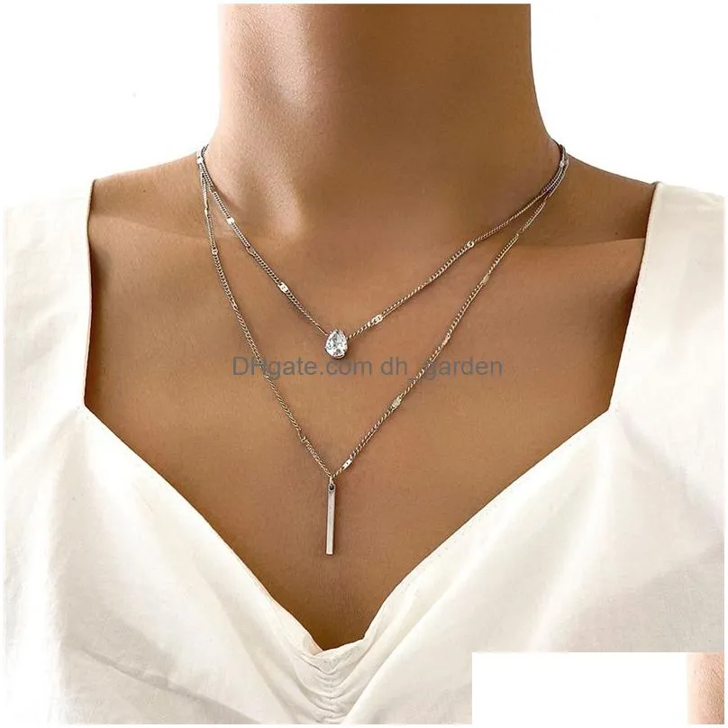 Pendant Necklaces Crystal Zircon Heart Star Charm Layered Pendant Necklace Set For Women Charms Fashion Square Rhinestone Fe Dhgarden Otrwo