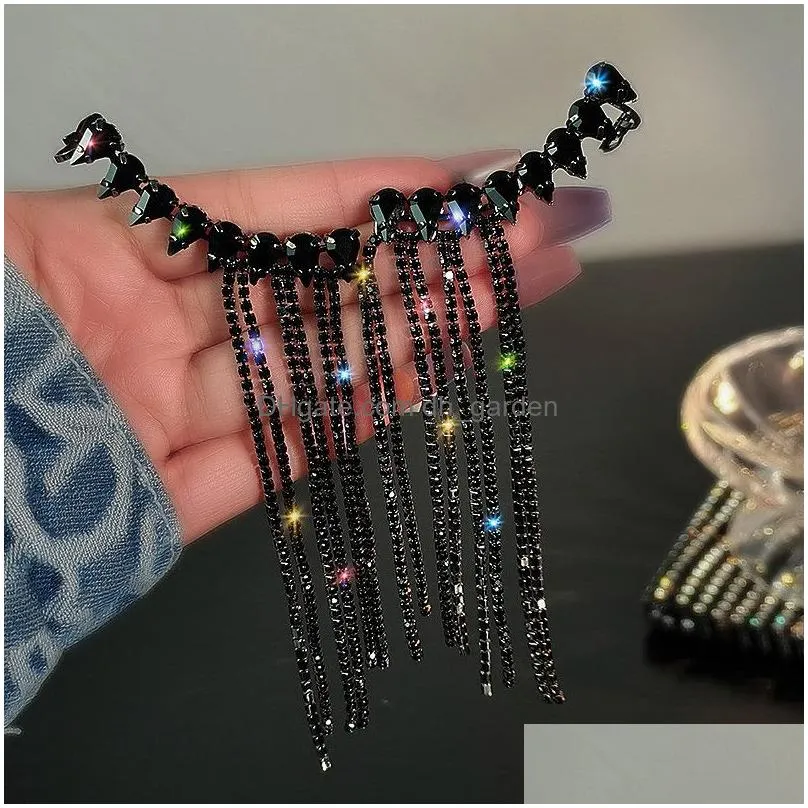 Dangle & Chandelier Long Tassel Fl Rhinestone Drop Earrings For Women Black Crystal Dangle Fashion Jewelry Accessories Drop Dhgarden Otklh