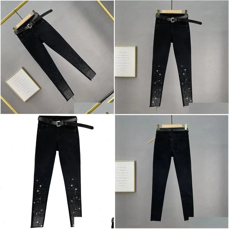 black jeans for capris women trendy autumn winter high waist slimming rhinestone pencil pants street stretch skinny trousers