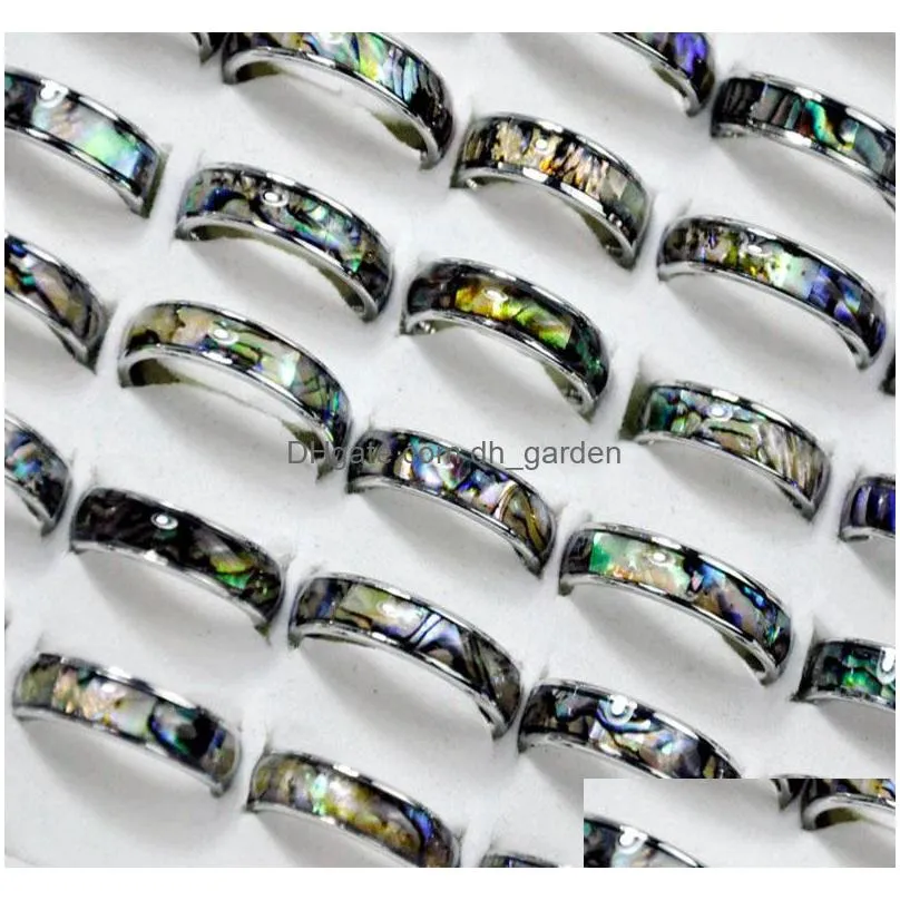 wholesale 50pcs 6mm abalone shell band stainless steel rings fashion jewelry summer ring for man women bulk lots