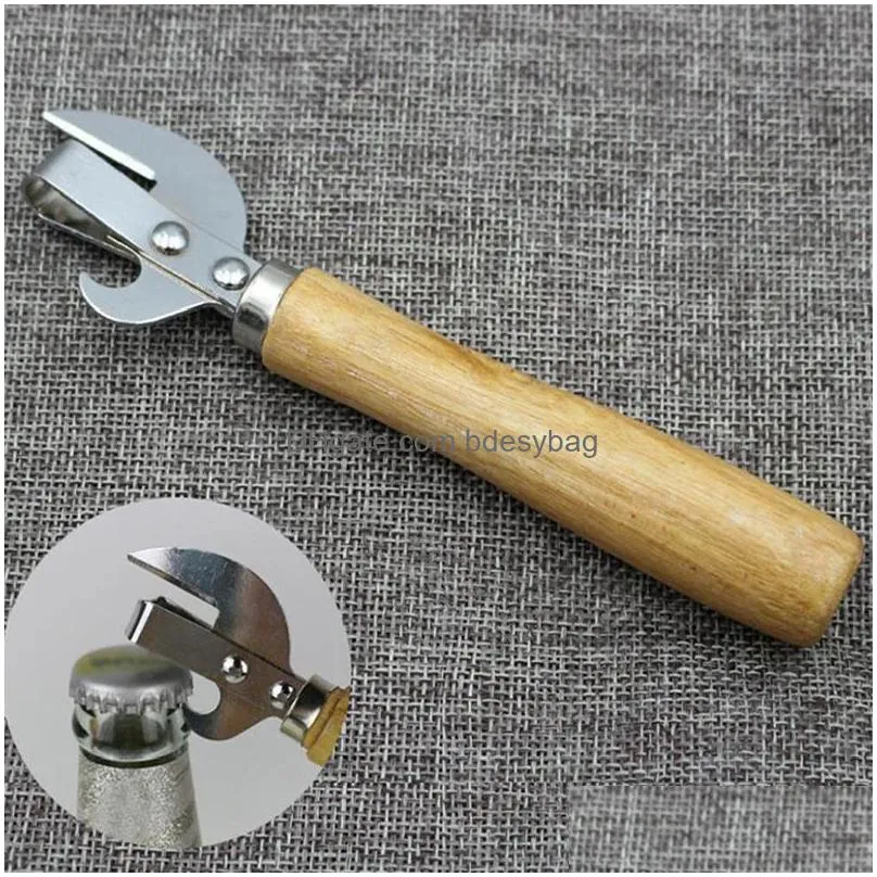 can opener manual beer bottle opener lid remover utensil stainless steel multifunctional kitchen accessories with wooden handle lx5190